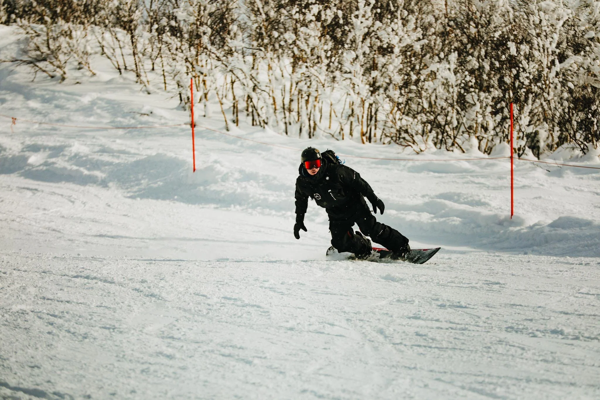 snowboarder carving down kiroro on japanese groomers