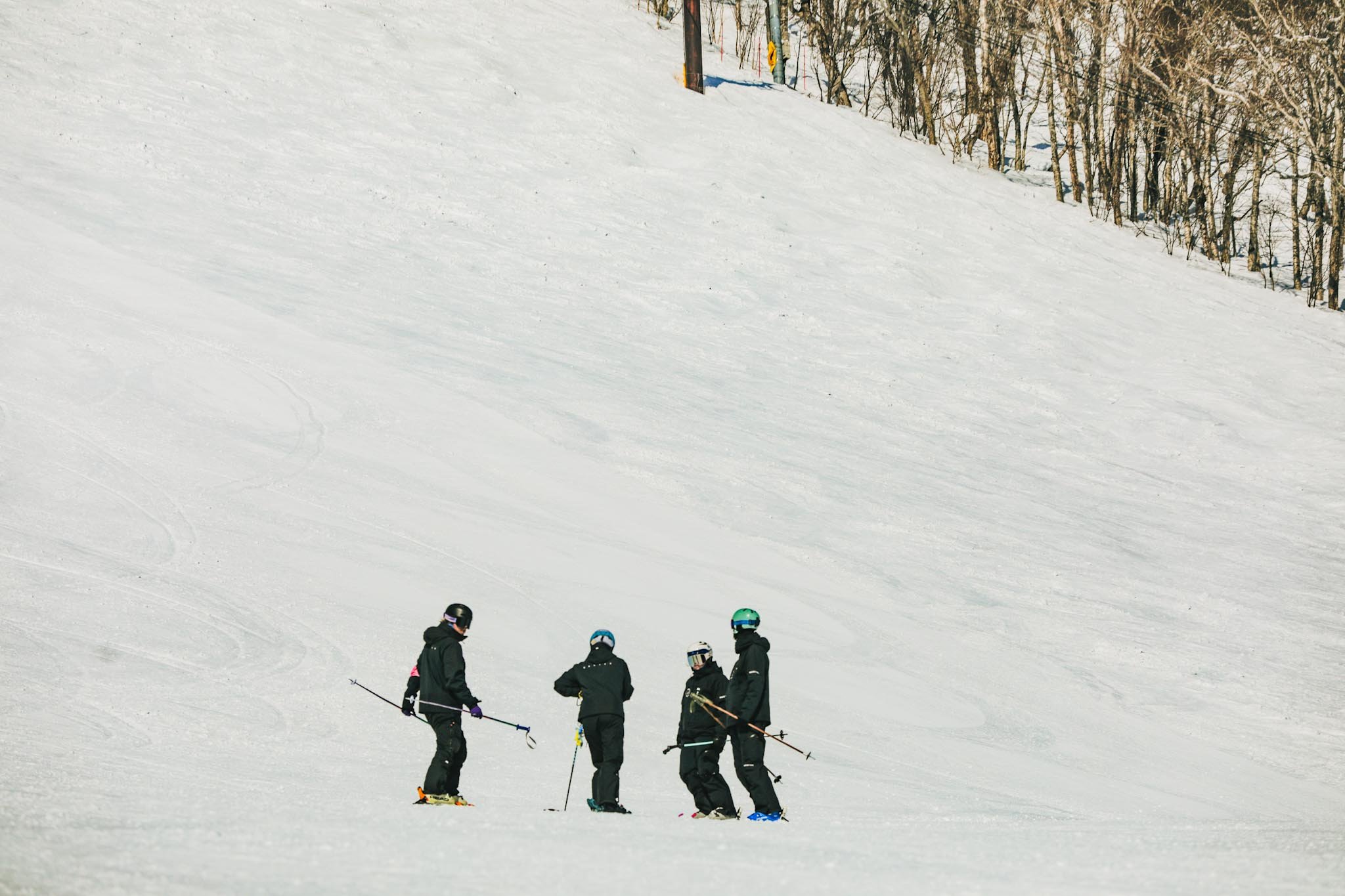 Group of five people in winter clothing and helmets standing on snow, ready to ski, at a ski resort with a slope and trees in the background.