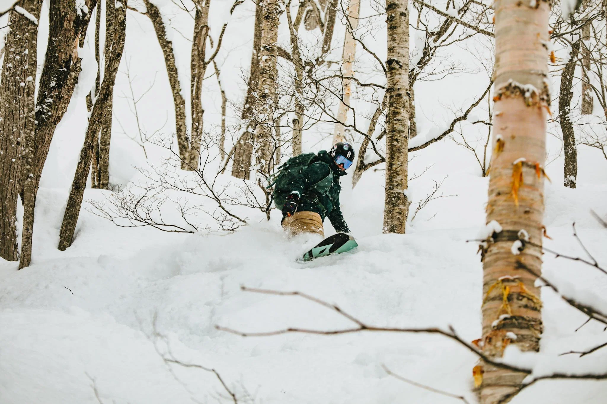 A person snowboarding downhill through a forested area full of trees, with snow-covered ground and falling snow.