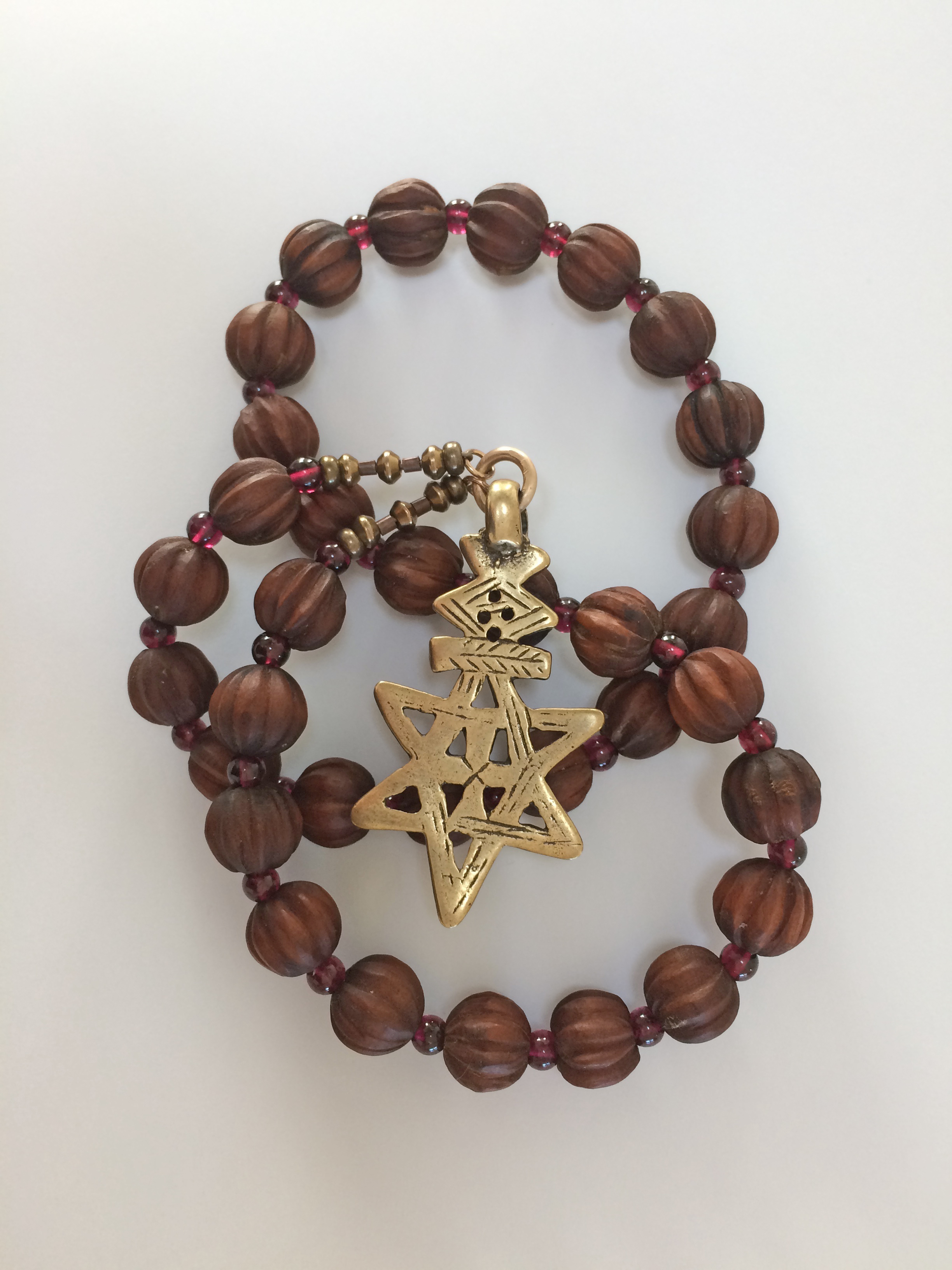 Grafted In, wood and garnet handmade 33-bead prayer rope, by Still Stone and Moss Prayer Bead Art. Full view.