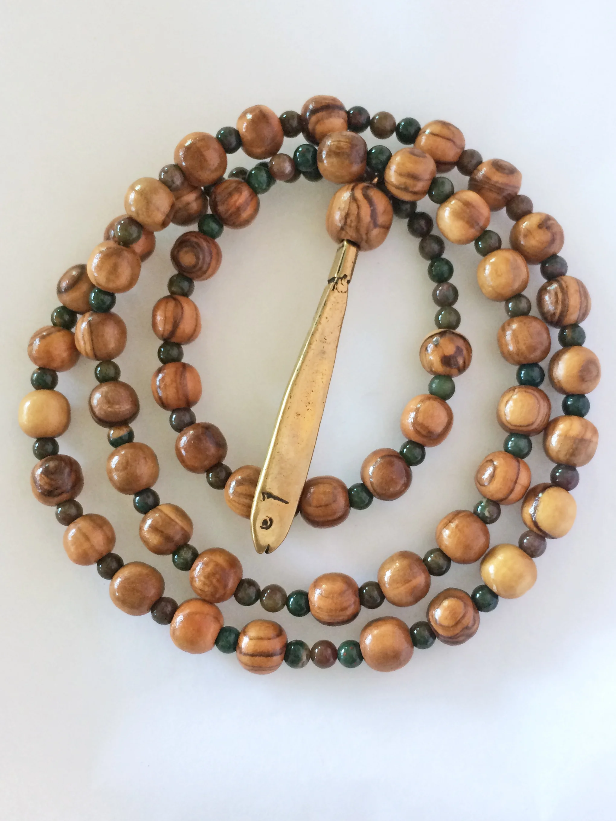 Fishers, olive wood and bloodstone 50-bead prayer rope handmade by Still Stone and Moss Prayer Bead Art. Full view.