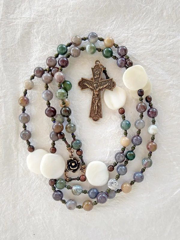 First Flowers jasper rosary handmade by Still Stone and Moss Prayer Bead Art, full view