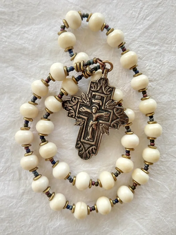 Logos, 33-bead bone prayer rope handmade by Still Stone and Moss Prayer Bead Art. Full view.