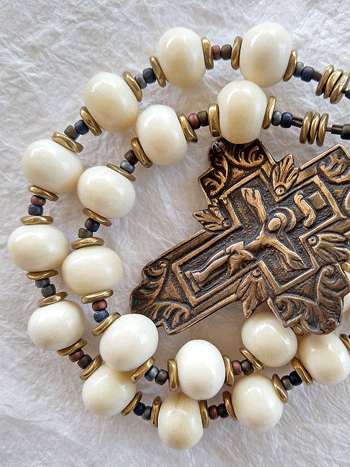 Logos, 33-bead bone prayer rope handmade by Still Stone and Moss Prayer Bead Art. Detail.