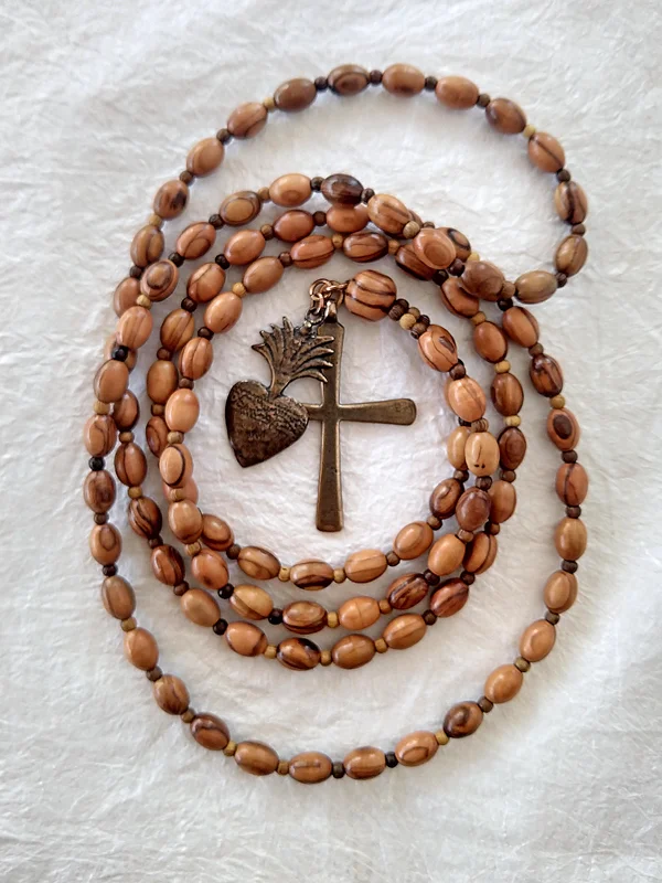 Sacred Heart, 100-bead olive wood prayer rope necklace. Handmade by Still Stone and Moss Prayer Bead Art. Full view 2.