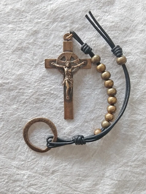 Ancient of Days, leather Irish Penal Chaplet, handmade by Still Stone and Moss Prayer Bead Art. Full View.