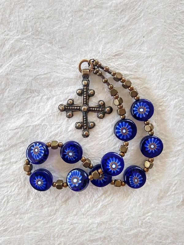 Adoration, chaplet handmade of rare blue Murano glass, by Still Stone and Moss Prayer Bead Art. Full view.