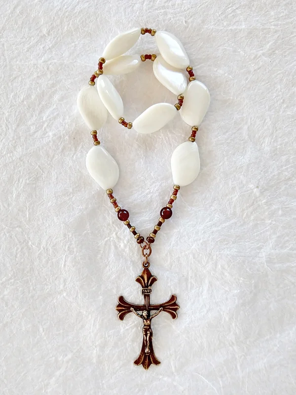 Bright Wings, mother of pearl chaplet, handmade by Still Stone and Moss Prayer Bead Art., variation 2. Full view.
