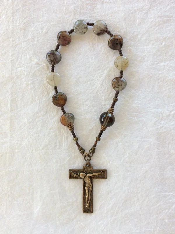 Dappled Things, chaplet with Tau Crucifix, handmade by Still Stone and Moss Prayer Bead Art. Full view.