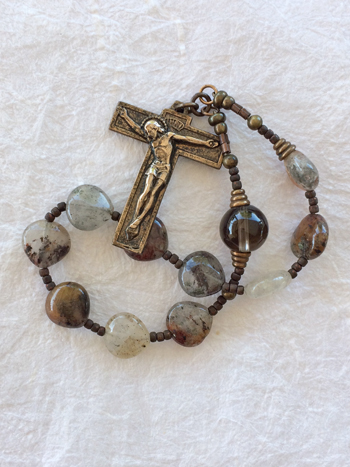 Dappled Things, chaplet with Tau Crucifix, handmade by Still Stone and Moss Prayer Bead Art. Detail.
