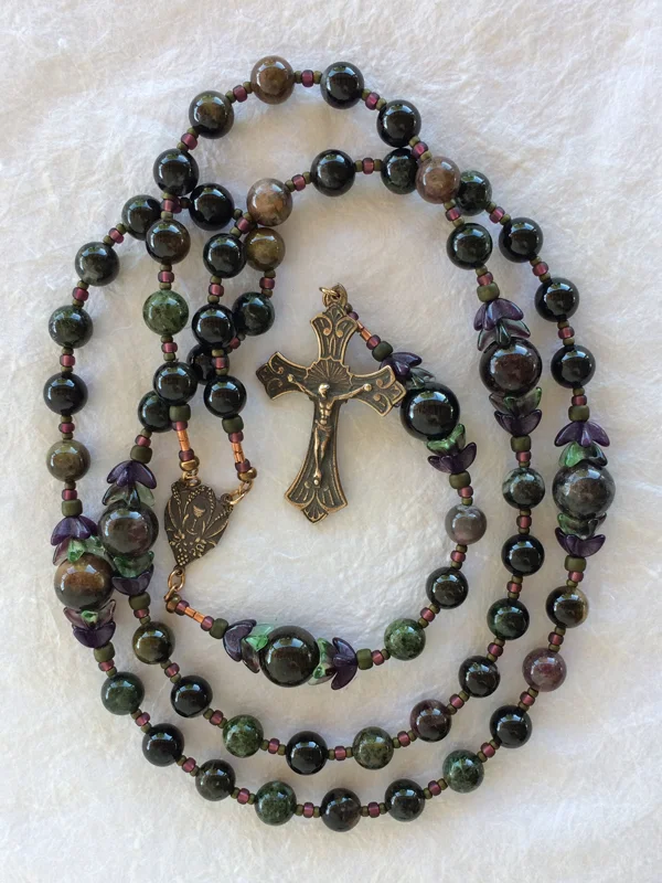 Tourmaline handmade rosary by Still Stone and Moss Prayer Bead Art, full view