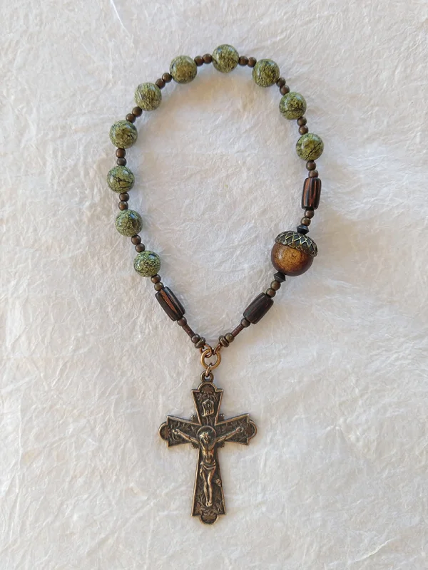 Brigid by the Oak, St. Brigid chaplet, variation 3, handmade by Still Stone and Moss Prayer Bead Art. Full view.