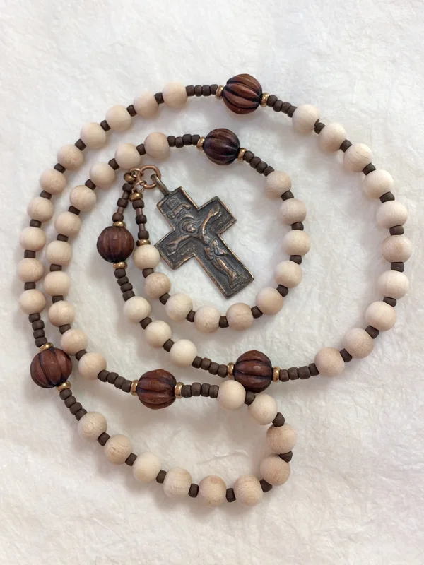 Step by Step rosary handmade of maple wood by Still Stone and Moss Prayer Bead Art, full view