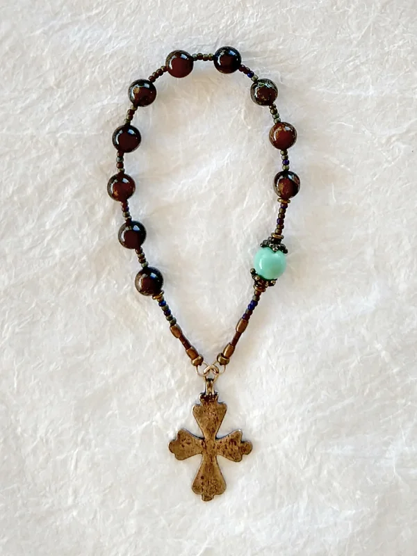 Robin's Egg, bronzite and turquoise chaplet, handmade by Still Stone and Moss Prayer Bead Art. Full view.