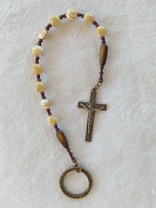 Trailing Clouds of Glory, natural mother of pearl chaplet handmade by Still Stone and Moss Prayer Bead Art. Full view.