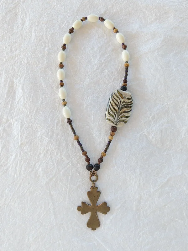 Like Olive Shoots, one of a kind handmade chaplet of bone and glass, by Still Stone and Moss Prayer Bead Art. Full view.
