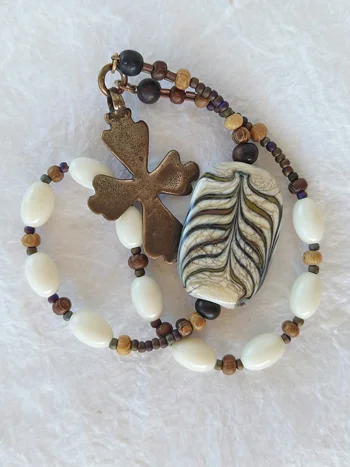 Like Olive Shoots - one of a kind handmade chaplet of bone and glass, by Still Stone and Moss Prayer Bead Art. Detail.