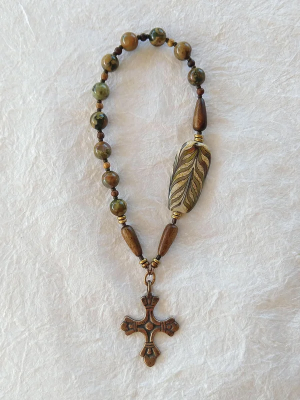Radiant Bounty, one of a kind handmade chaplet, of rhyolite and glass, by Still Stone and Moss Prayer Bead Art. Full view.