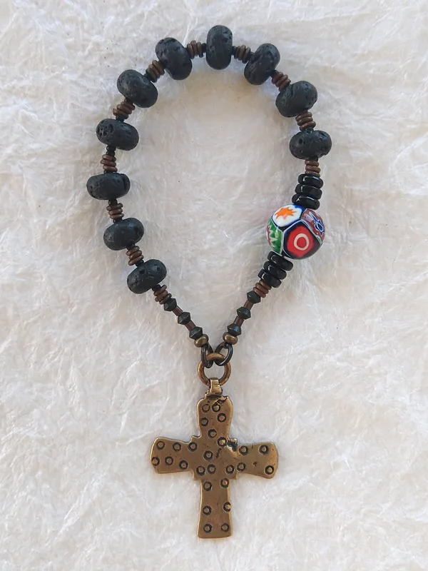 God's Jester, Saint Francis chaplet handmade with Murano and lava, by Still Stone and Moss Prayer Bead Art. Full view.