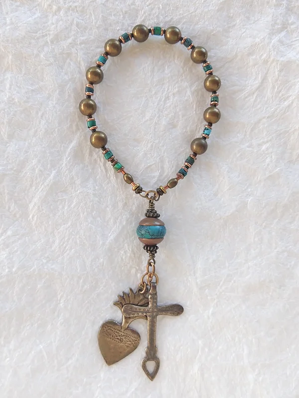 Sacred Heart chaplet handmade with turquoise and old brass, by Still Stone and Moss Prayer Bead Art. Variation 2. Full view.