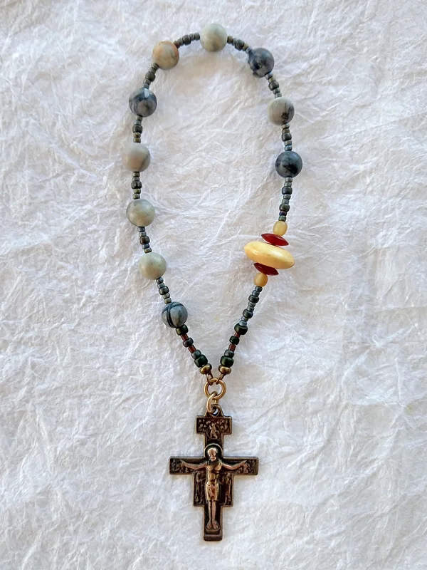 All Weather, St Francis chaplet handmade by Still Stone and Moss Prayer Bead Art, variation 2. Full view.