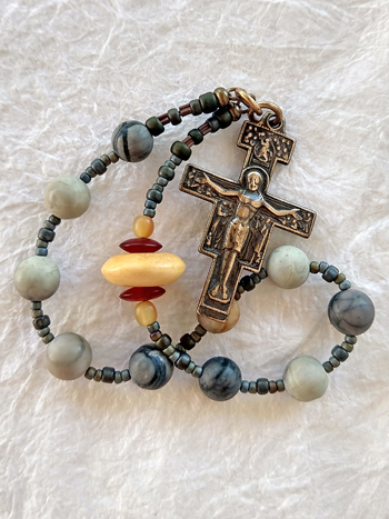 All Weather, St Francis chaplet handmade by Still Stone and Moss Prayer Bead Art, variation 2. Detail.