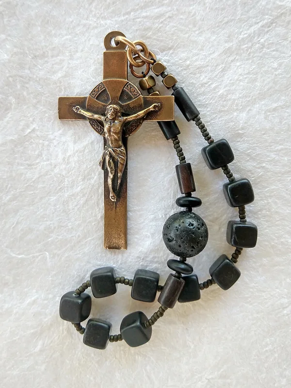 Mysteries, lava and black jasper handmade chaplet, by Still Stone and Moss Prayer Bead Art. Full view.