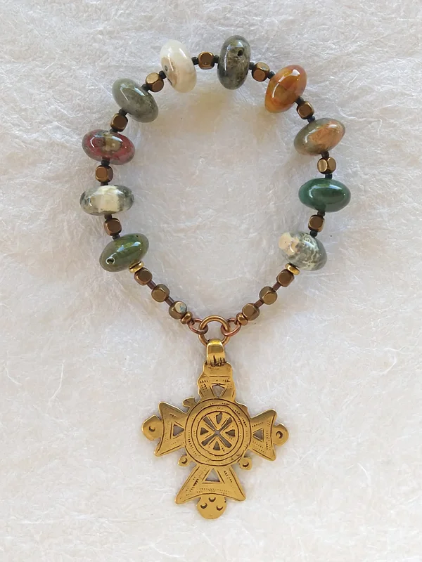 Testimony to the Light, John the Baptist chaplet, handmade by Still Stone and Moss Prayer Bead Art. Full view.