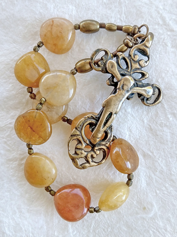 Candlelight, stone and bronze chaplet handmade by Still Stone and Moss Prayer Bead Art. Detail.