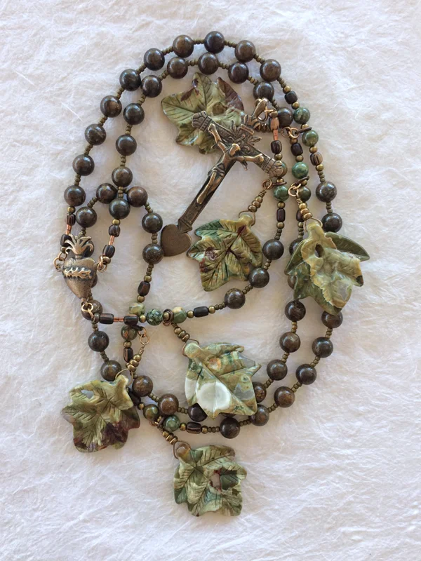 Spirit rosary handmade with rhyolite leaves by Still Stone and Moss Prayer Bead Art, full view 1
