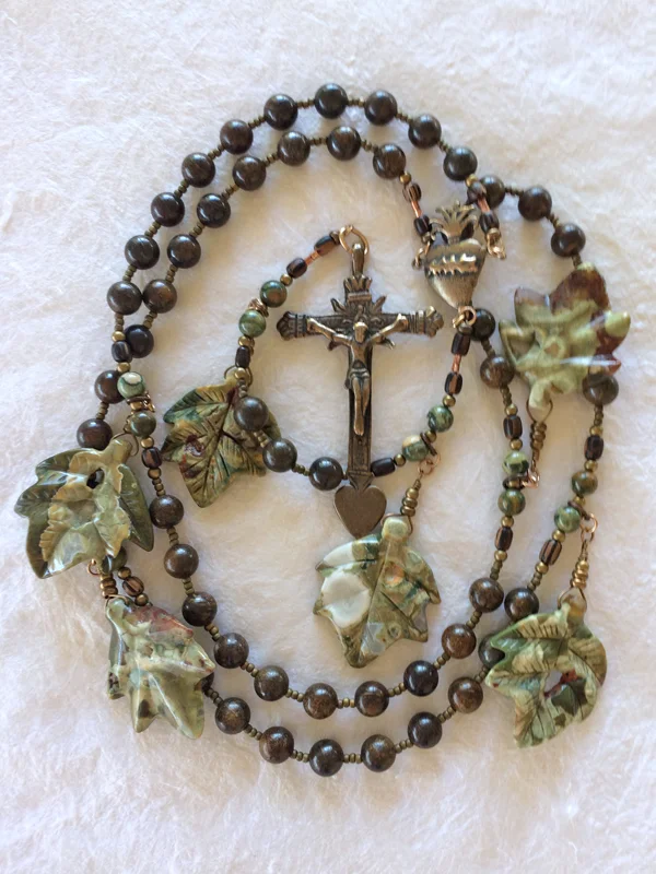 Spirit rosary handmade with rhyolite leaves by Still Stone and Moss Prayer Bead Art, full view 2