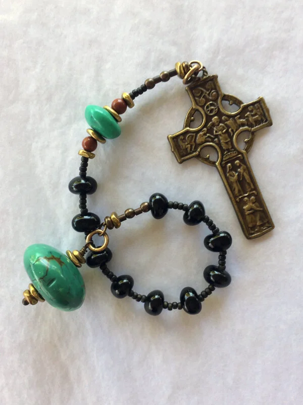 Joy Comes in the Morning, chaplet handmade of Chinese turquoise and Czech glass, by Still Stone and Moss Prayer Bead Art, full view.