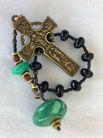 Joy Comes in the Morning, chaplet handmade of Chinese turquoise and Czech glass, by Still Stone and Moss Prayer Bead Art, detail view.