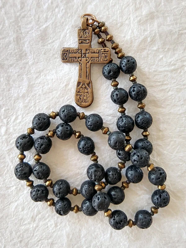 Lava 33 bead handmade prayer rope, by Still Stone and Moss Prayer Bead Art, full view.