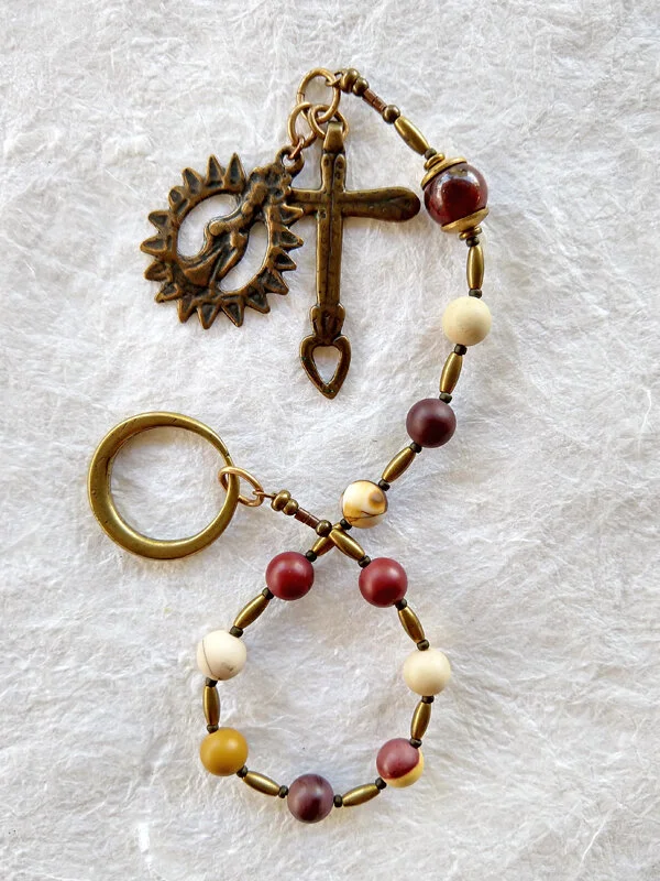 Sun of Justice, mookaite handmade Irish Penal Chaplet, variation 2, by Still Stone and Moss Prayer Bead Art, full view.