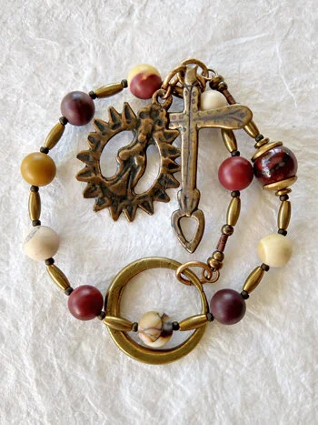 Sun of Justice, mookaite handmade Irish Penal Chaplet, variation 2, by Still Stone and Moss Prayer Bead Art, detail view.