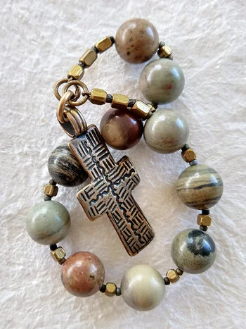 Harbor of Safe Shelter, handmade jasper chaplet, by Still Stone and Moss Prayer Bead Art, detail.