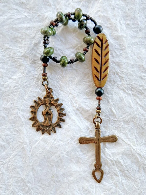 Wheat, chaplet handmade of bone, stone and wood, by Still Stone and Moss Prayer Bead Art, full view..