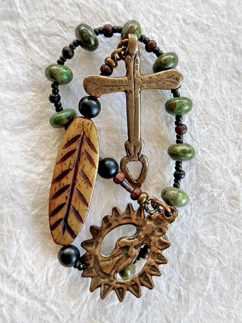 Wheat, chaplet handmade of bone, stone and wood, by Still Stone and Moss Prayer Bead Art,, detail view.
