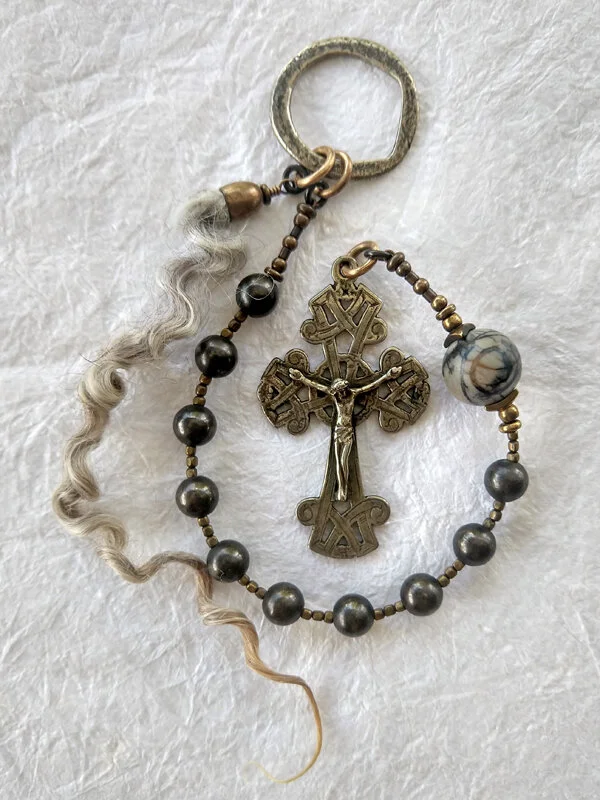 St Patrick's Own, bronze and a lock of wool, Irish Penal chaplet handmade by Still Stone and Moss Prayer Bead Art, full view