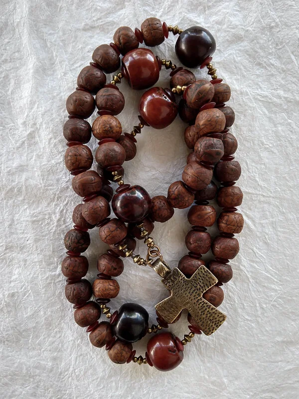 Compassion, variation 4, rosary of bodhi seed, resin and bronze, by Still Stone and Moss Prayer Bead Art, full view.