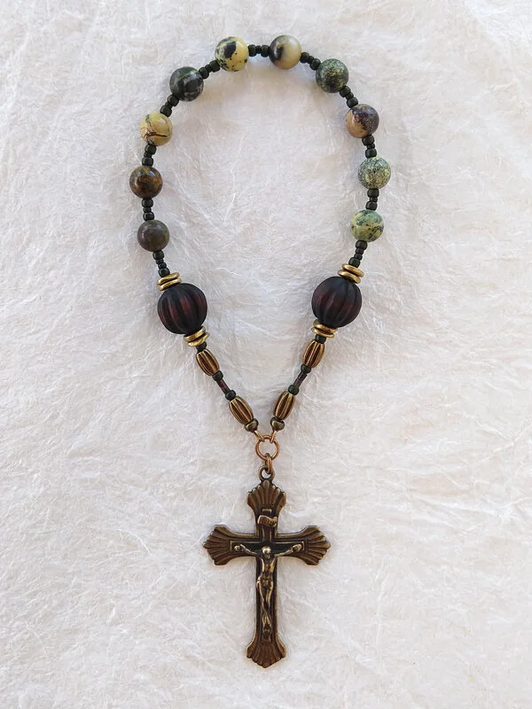 Path of St James chaplet, handmade of jasper , wood and bronze, by Still Stone and Moss Prayer Bead Art. Full view.