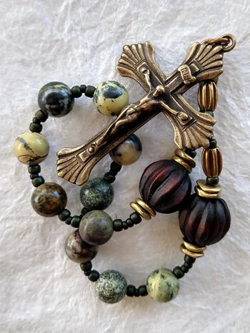 Path of St James chaplet, handmade of jasper , wood and bronze, by Still Stone and Moss Prayer Bead Art. Detail view.