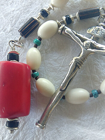 Galway Chaplet handmade of heavy sterling silver, coral, turquoise and bone. By Still Stone and Moss Prayer Bead Art. Detail view 3.