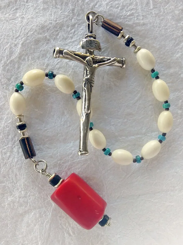 Galway Chaplet handmade of heavy sterling silver, coral, turquoise and bone. By Still Stone and Moss Prayer Bead Art. Full view.