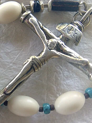 Galway Chaplet handmade of heavy sterling silver, coral, turquoise and bone. By Still Stone and Moss Prayer Bead Art. Detail view 2.