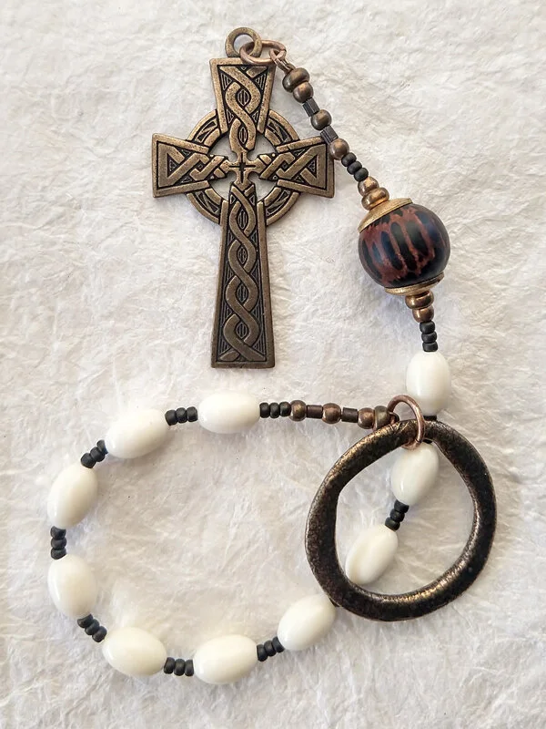 Family Tree, handmade bone and wood Irish Penal Chaplet , by Still Stone and Moss Prayer Bead Art, full view.