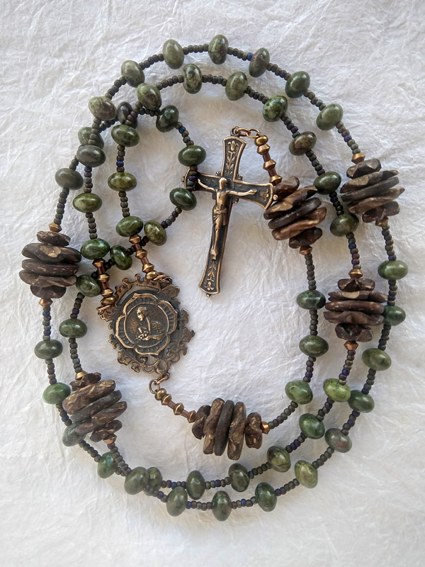 Lily of the Mohawks handmade rosary inspired by St Kateri Tekawitha. By Still Stone and Moss Prayer Bead Art. Full view.