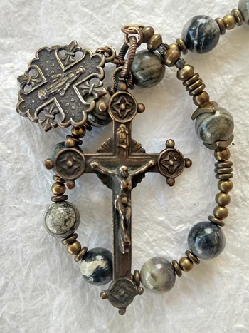 Endurance and Love, Irish Penal chaplet handmade of jasper, brass and bronze, by Still Stone and Moss Prayer Bead Art. Detail view.