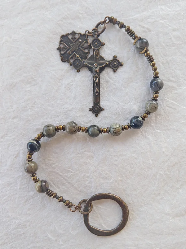 Endurance and Love, Irish Penal chaplet handmade of jasper, brass and bronze, by Still Stone and Moss Prayer Bead Art. Full view.